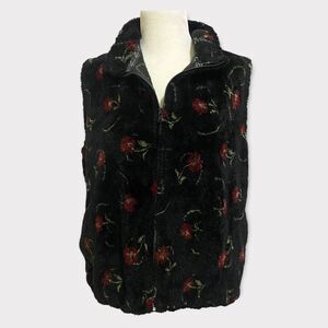 Vintage Warm Oversized Fluffy Cozy Floral Black GrandmaCore Zip Up Vest